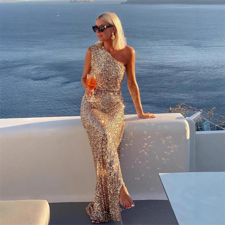 Aria One-Shoulder Sequin Evening Dress with Side Slit Foto 3