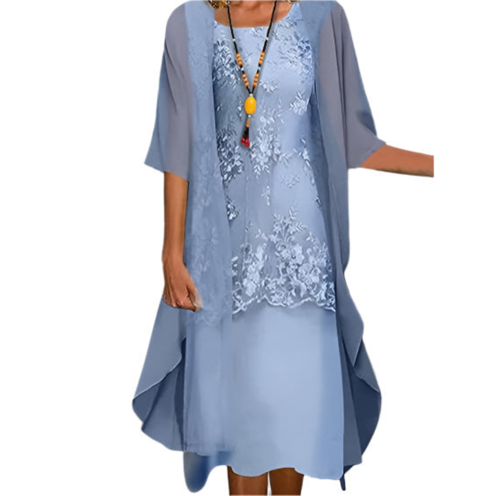 Charlotte Flowy Midi Wedding Guest Dress with Sheer Sleeves Foto 1
