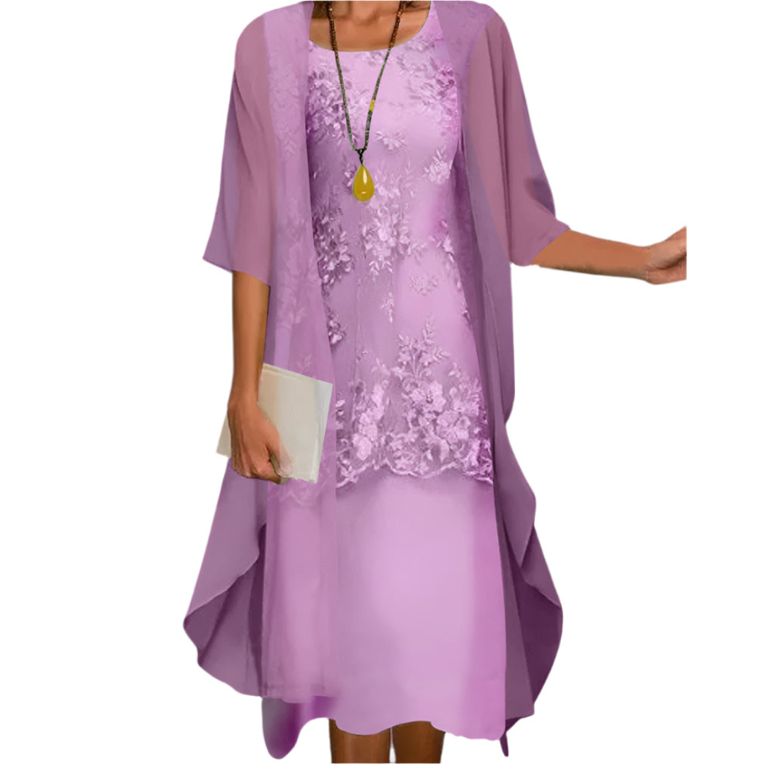 Charlotte Flowy Midi Wedding Guest Dress with Sheer Sleeves Foto 3