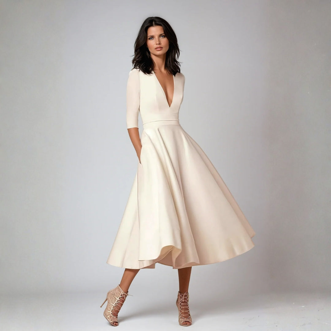 Damen Hochzeitsgast Elegantes Ausgestelltes Midikleid in White