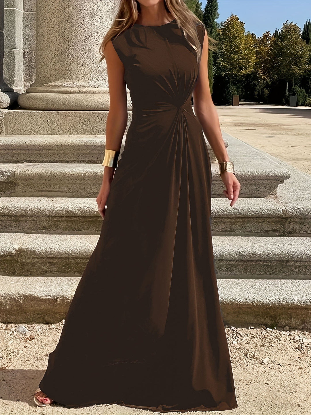 Elegant Evening Dress with Stylish Pleats in Brown 1