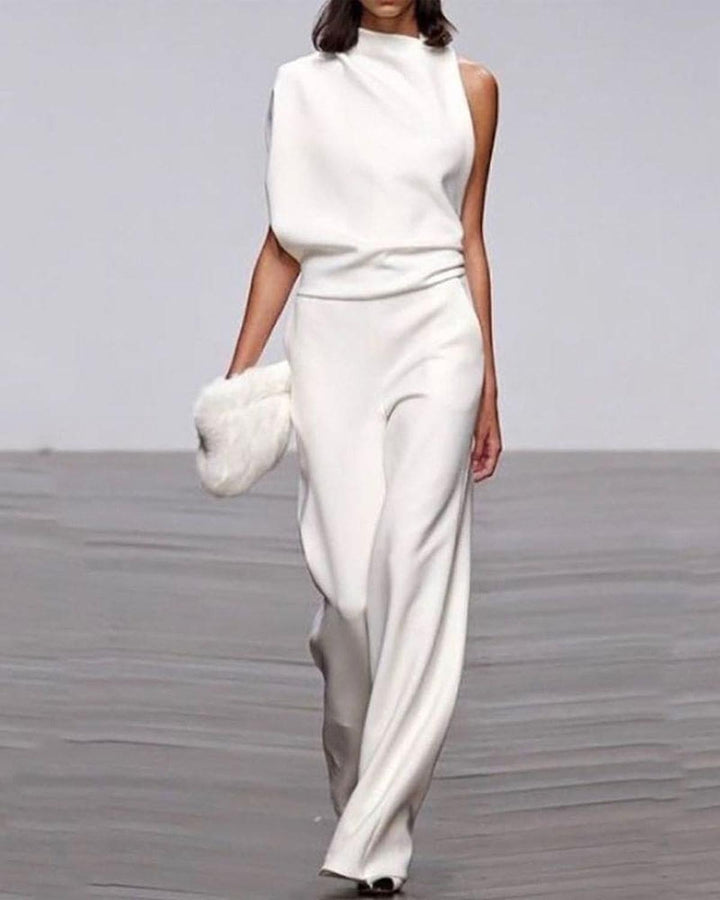 Women's Asymmetrical Jumpsuit with Wide Legs in White