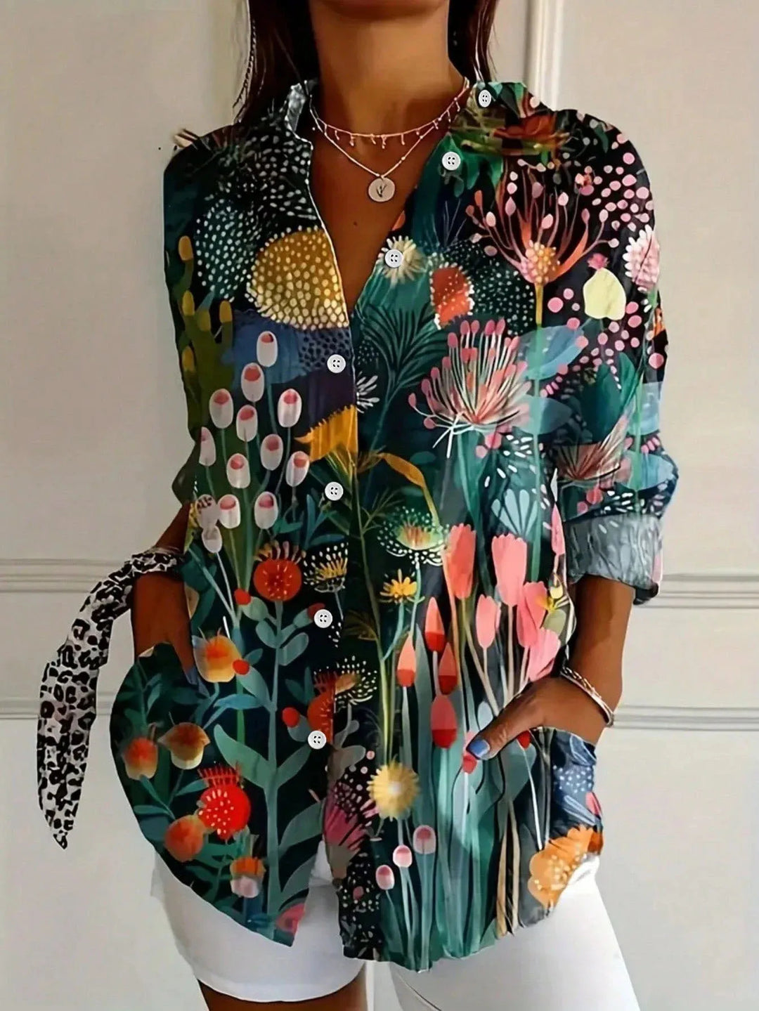 Women's Colorful Blouse with Artistic Print in Green
