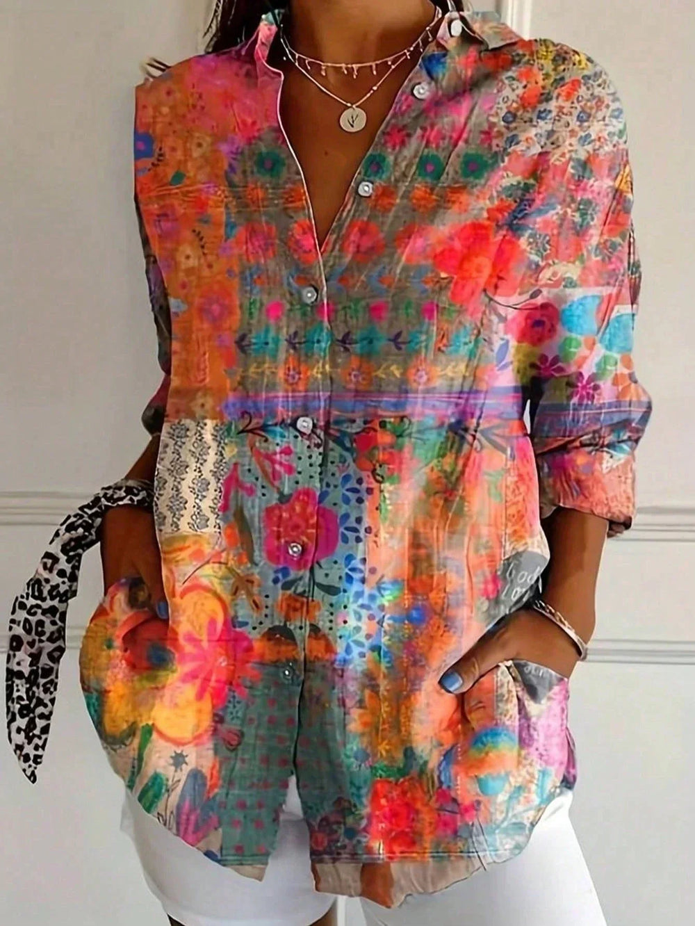 Women's Colorful Blouse with Artistic Print in Orange
