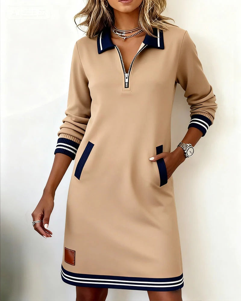 Women's Cotton Long-Sleeved Fall Dress in Beige