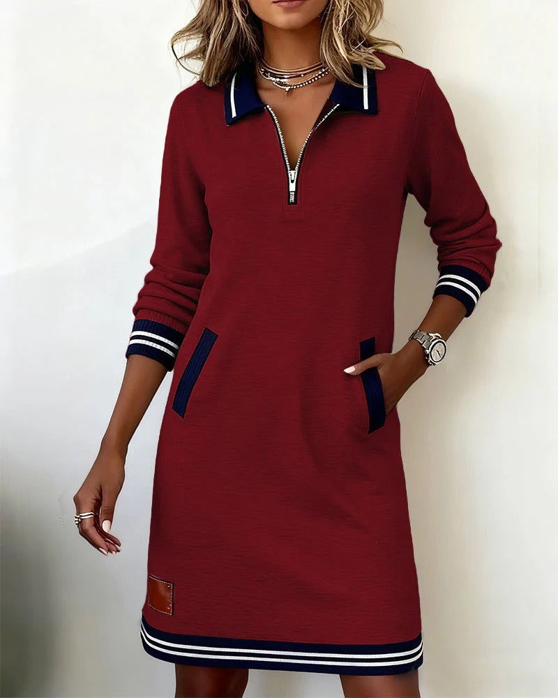 Women's Cotton Long-Sleeved Fall Dress in Red