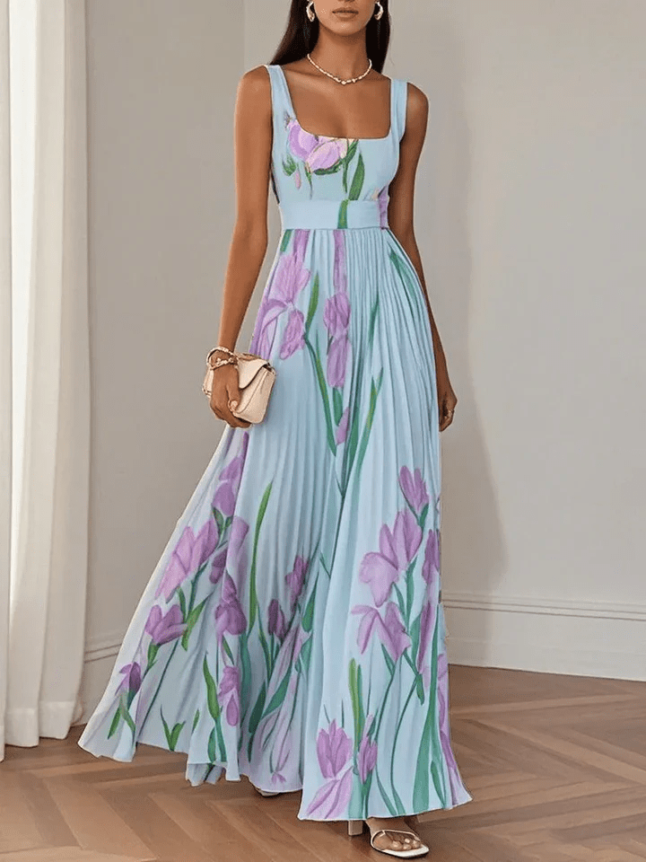 Women's Floral Chiffon Maxi Dress for Summer Wedding Guests in Blue