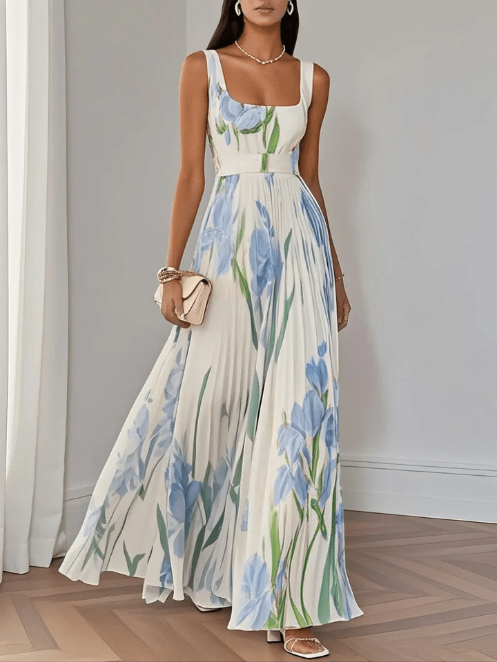 Women's Floral Chiffon Maxi Dress for Summer Wedding Guests in Light Blue