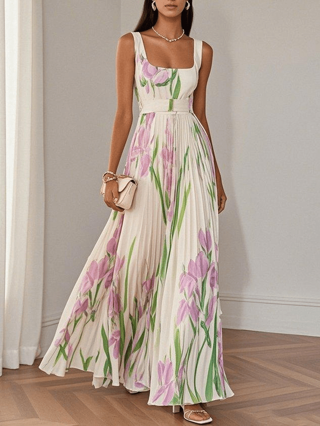 Women's Floral Chiffon Maxi Dress for Summer Wedding Guests in White