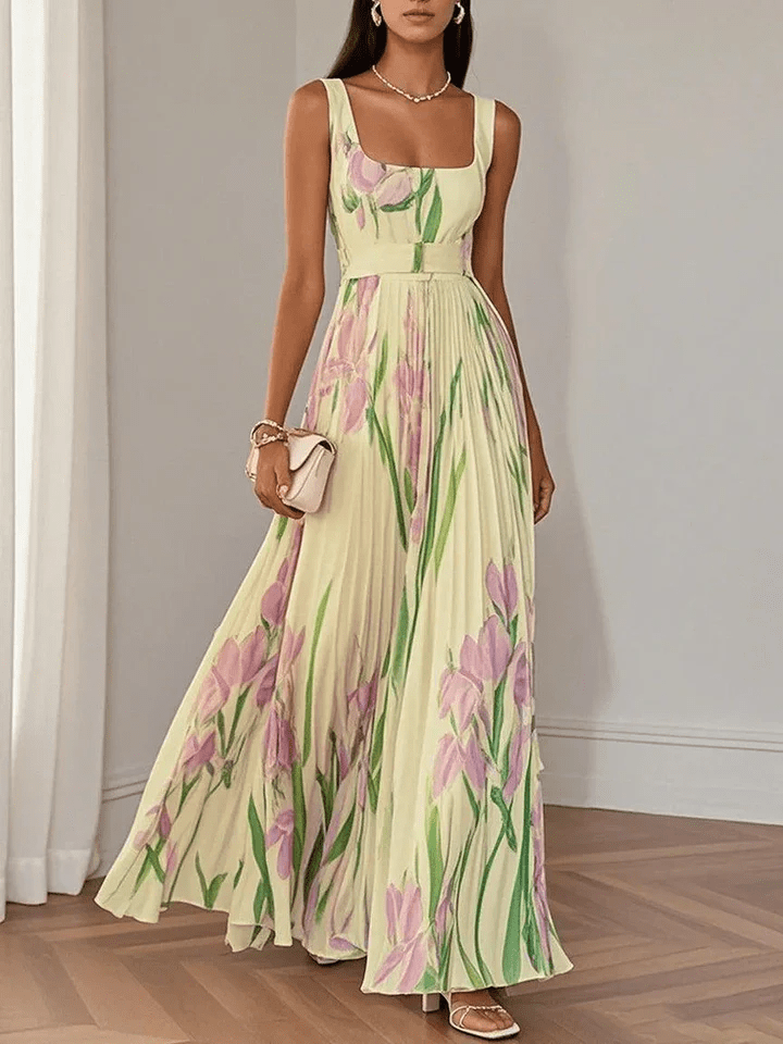 Women's Floral Chiffon Maxi Dress for Summer Wedding Guests in Yellow