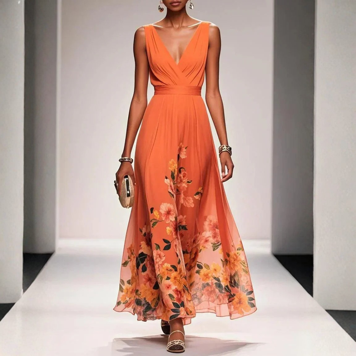 Women's Floral Maxi Dress for Summer in Orange