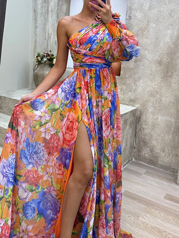 Women's Floral One-Shoulder Maxi Dress for Wedding Guests in Orange