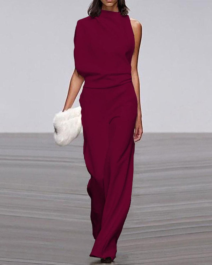 Women's One-Shoulder Wide-Leg Jumpsuit for Evening in Dark Red