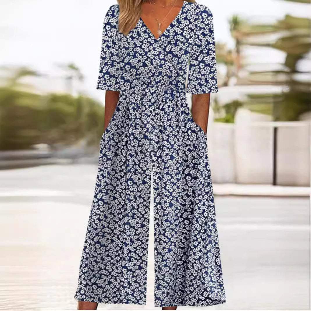 Women's Relaxed Boho Floral Jumpsuit in White