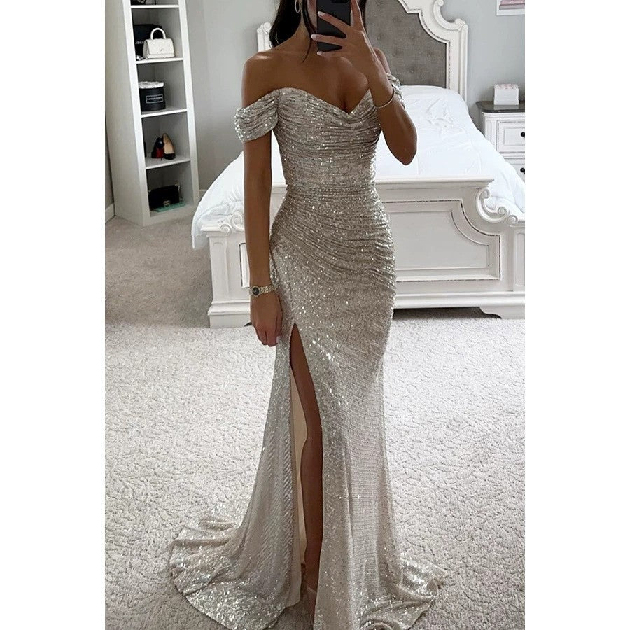 Women's Shimmering Wedding Guest Dress in Silver-coloured