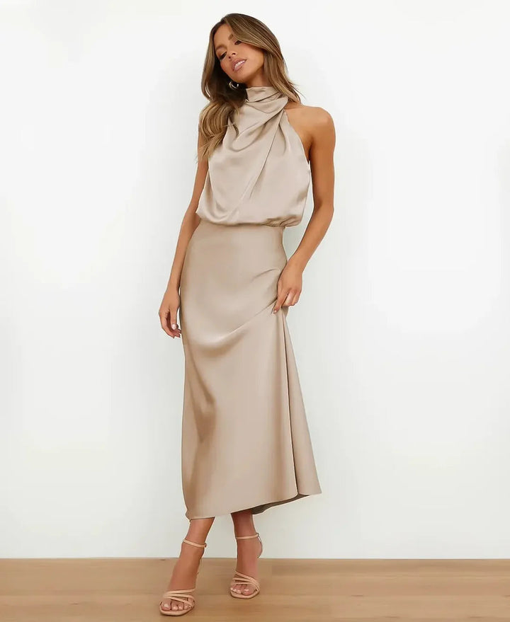Women's Sophisticated Wedding Guest Midi Dress in Apricot