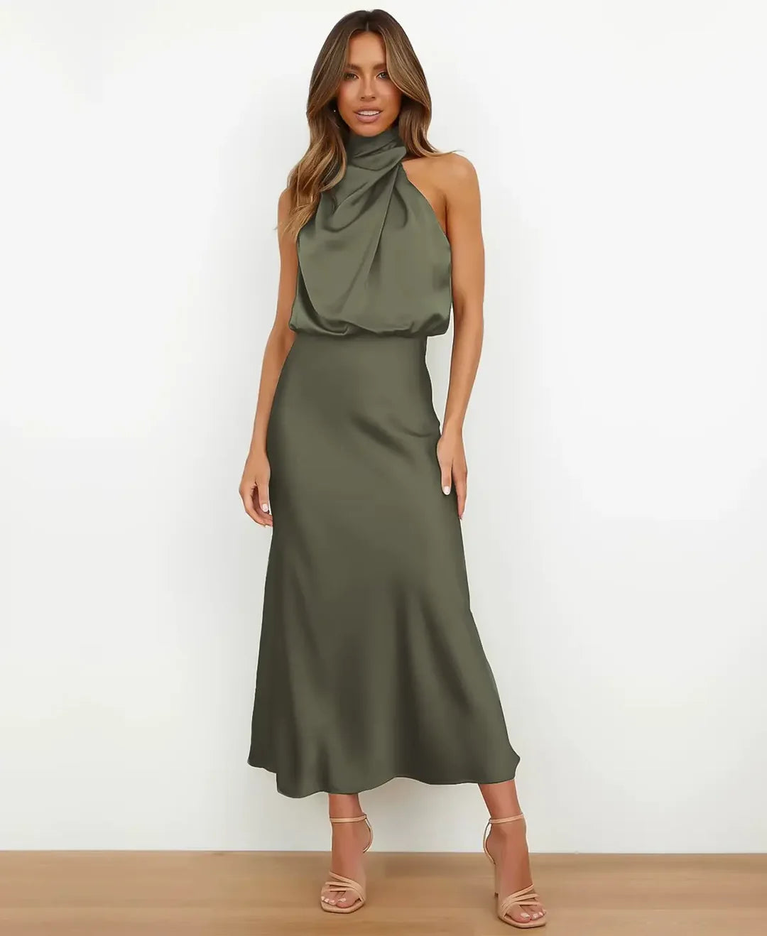Women's Sophisticated Wedding Guest Midi Dress in Olive green