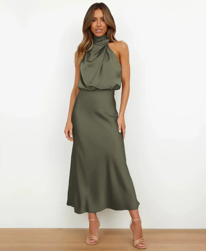 Women's Sophisticated Wedding Guest Midi Dress in Olive green