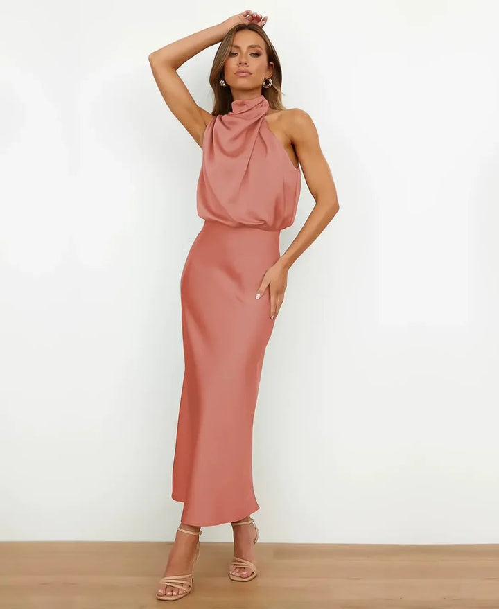 Women's Sophisticated Wedding Guest Midi Dress in Peach