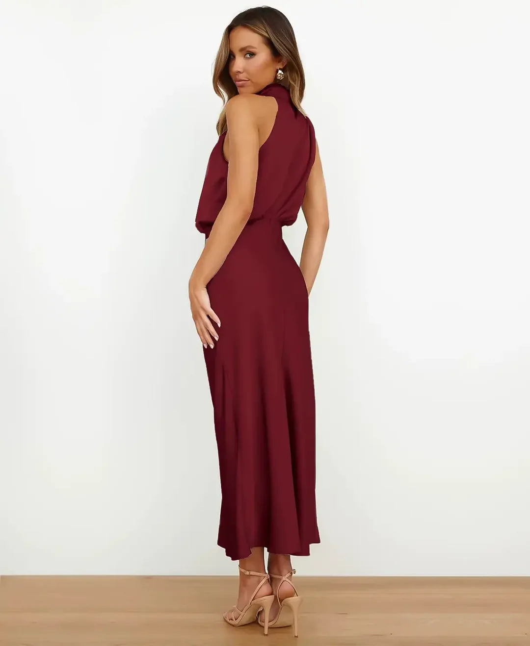 Women's Sophisticated Wedding Guest Midi Dress in Wine red