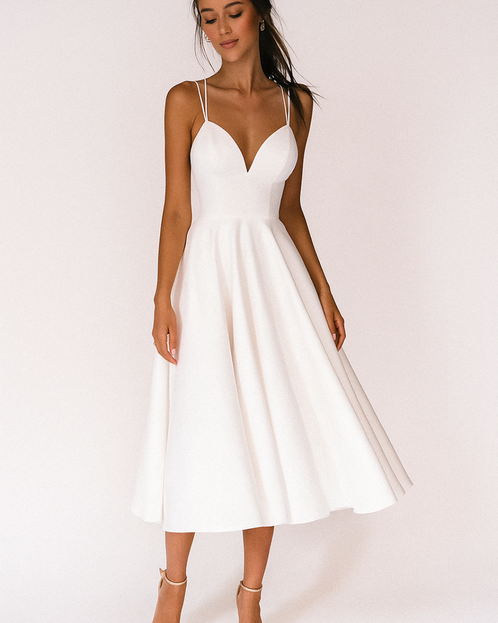 Women's Strappy Midi Dress for Fall Weddings in White