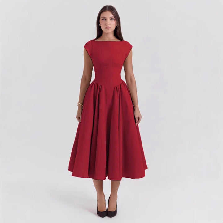 Women's Structured Cap Sleeve Midi Dress for Wedding Guests in Red