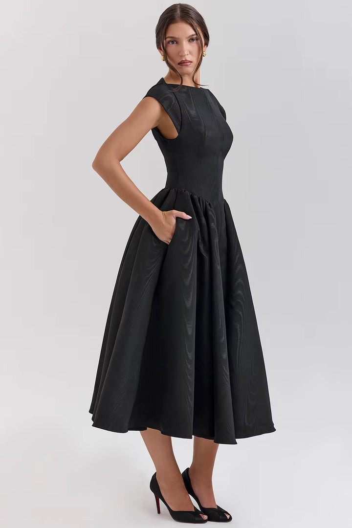 Women's Tailored Cap Sleeve Midi Dress for Wedding Guests in Black