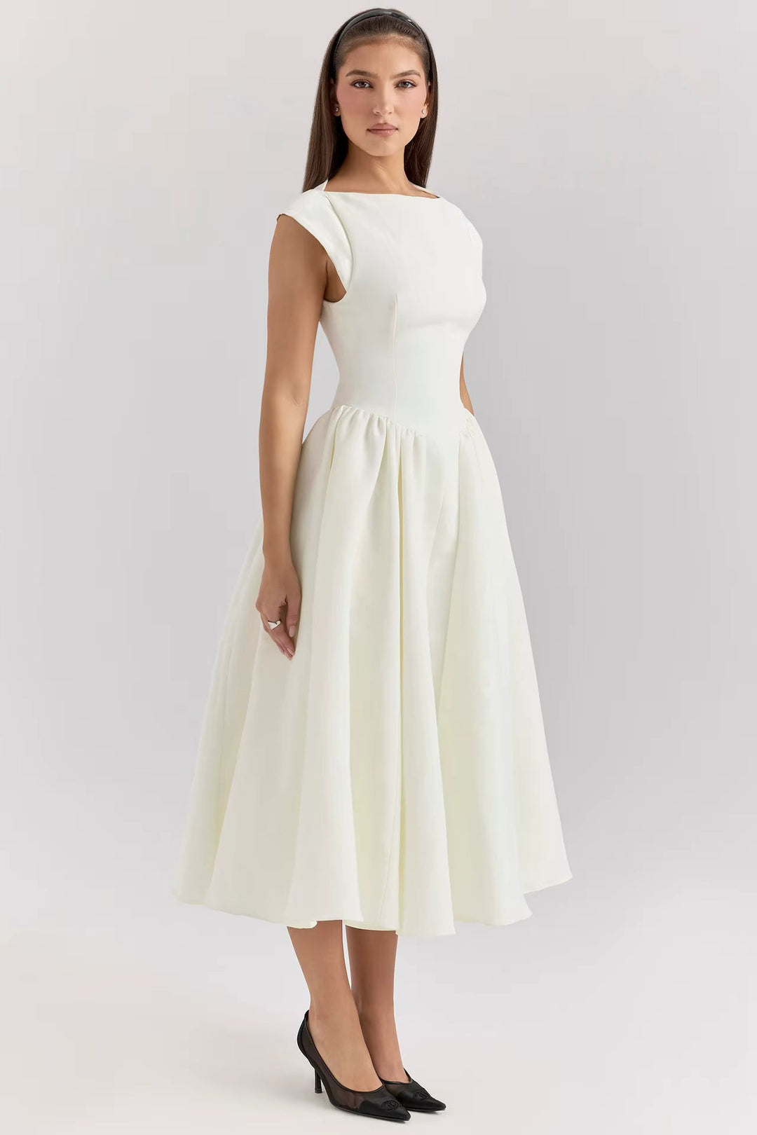 Women's Tailored Cap Sleeve Midi Dress for Wedding Guests in White