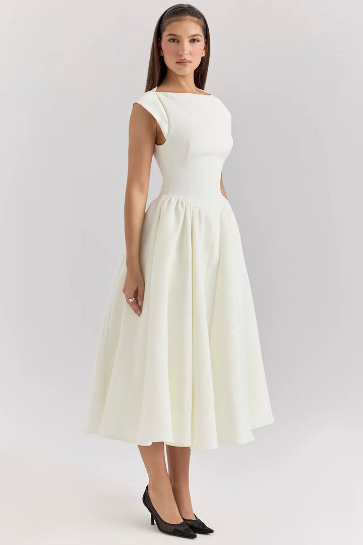 Women's Tailored Cap Sleeve Midi Dress for Wedding Guests in White
