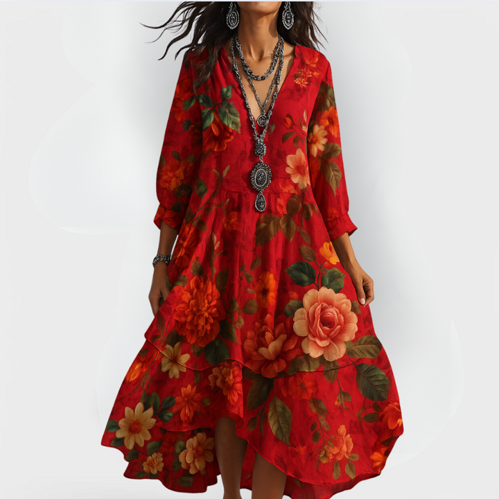 Women's Vintage Boho Floral Summer Dress in Red